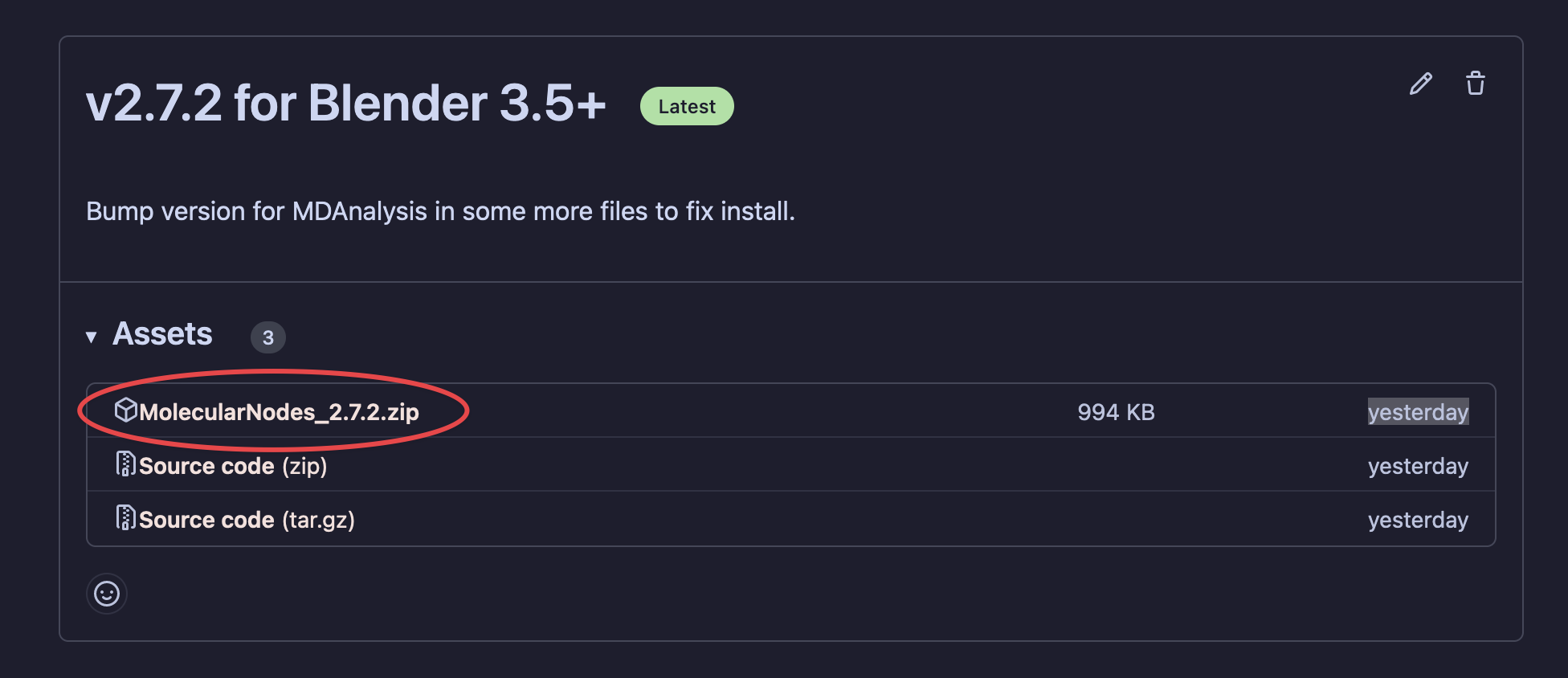 Screenshot of the MolecularNodes releases page on Github, with the relevant download link circled in red.